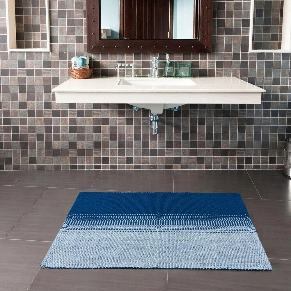 Tappeto Cucina Bagno Puro Cotone Assorbente Tessuto Intrecciato a Mano Blu 55x240 cm