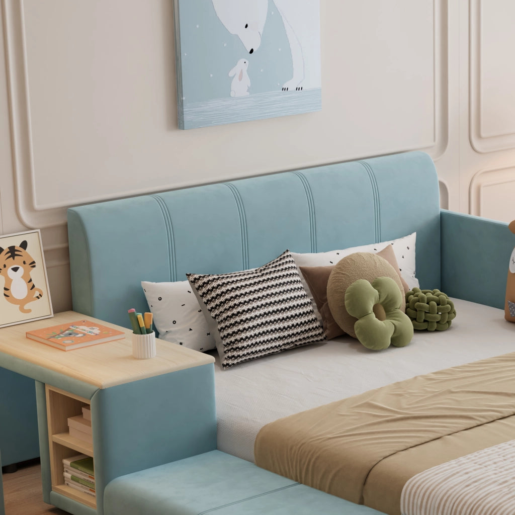 DESMIU Letto singolo 1 posto con scrivania, sgabello, ripiani e sponde alte 140 × 200 cm, senza materasso