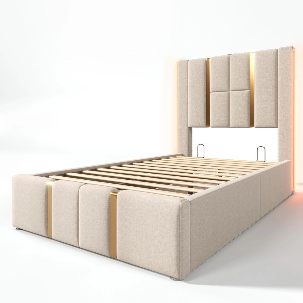Letto Imbottito Singolo con Contenitore e LED ¨C MINIMAL ¨C Beige, Tessuto Lino, 90x200, Doghe in Legno