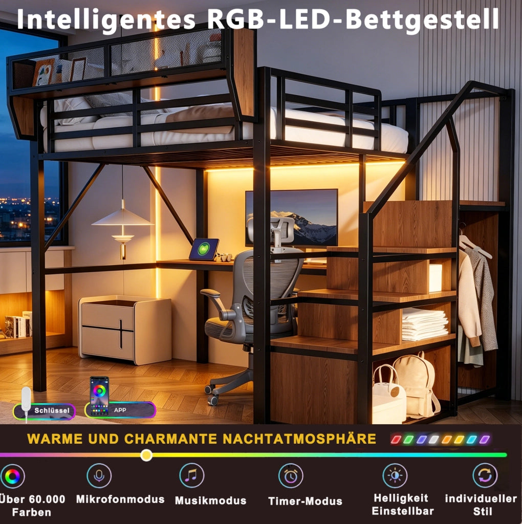 LETTO a soppalco 140x200 cm in metallo nero con scrivania e LED