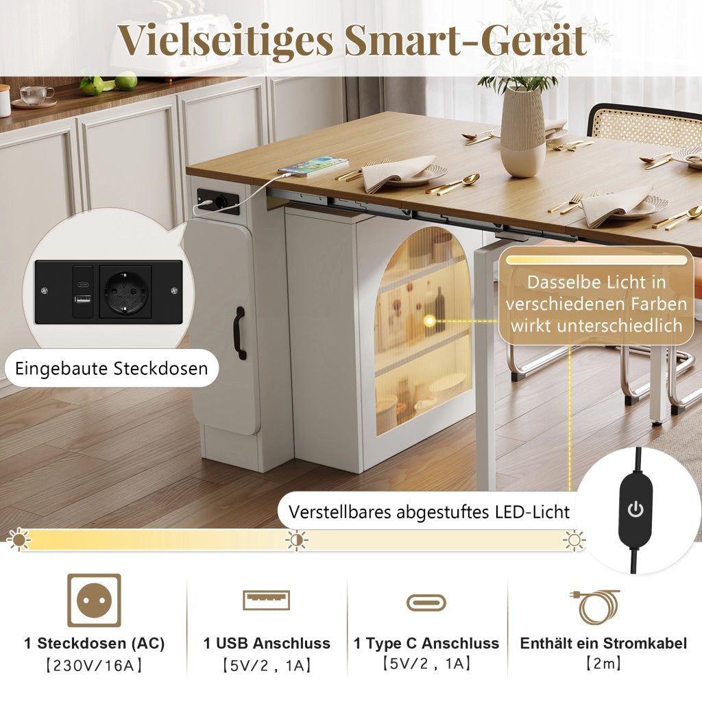Tavolo da pranzo - isola cucina su ruote - piano estraibile e rimovibile - con prese - bianco - per cucina e sala