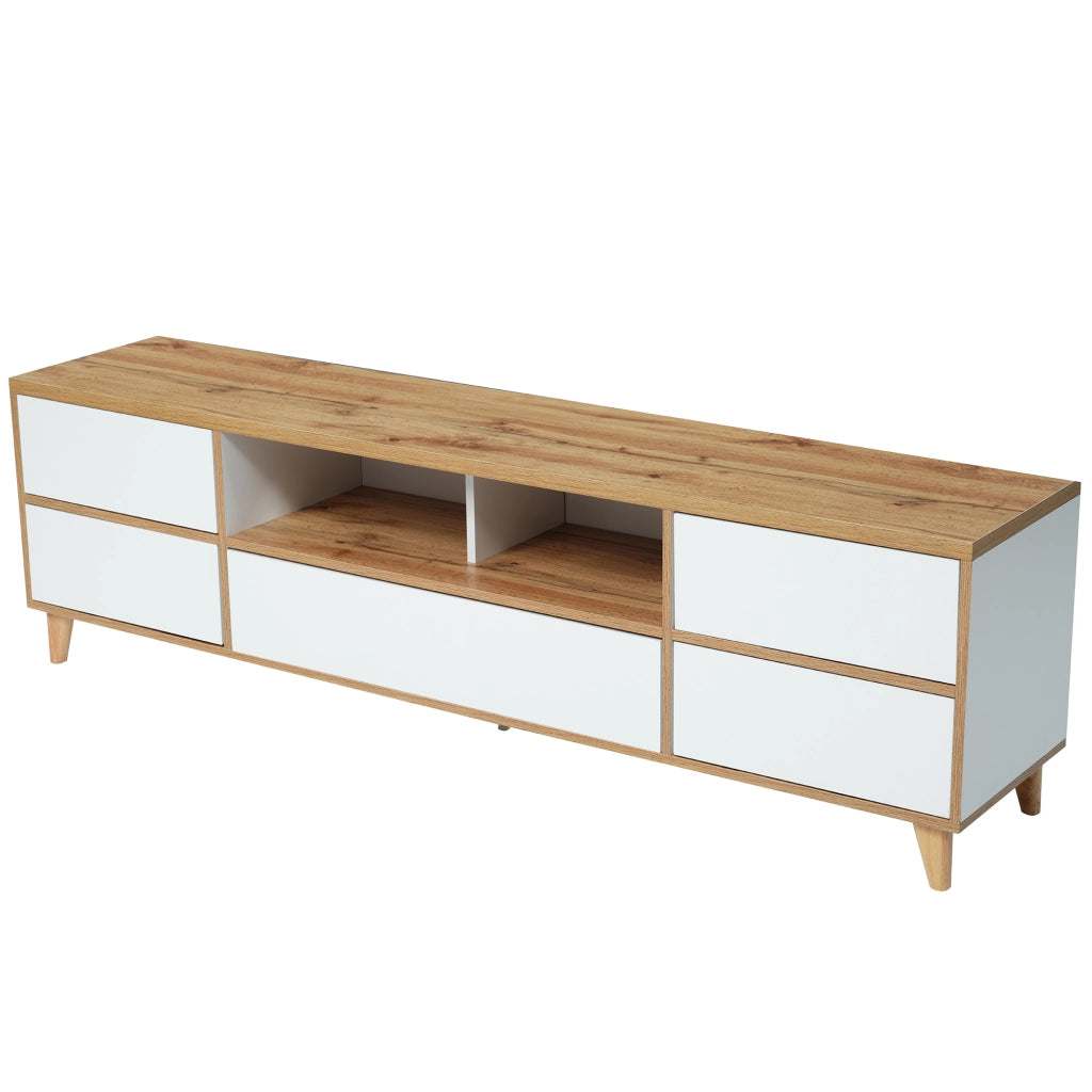 Mobile porta TV moderno con 4 vani e 4 ante in MDF bianco e legno per soggiorno 175 × 37 × 51 cm