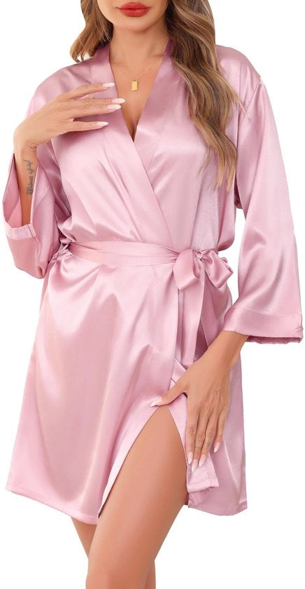 Badjas Unisex Zijde Kimono con V-hals per Spa e Hotel, Rosso, Leggero
