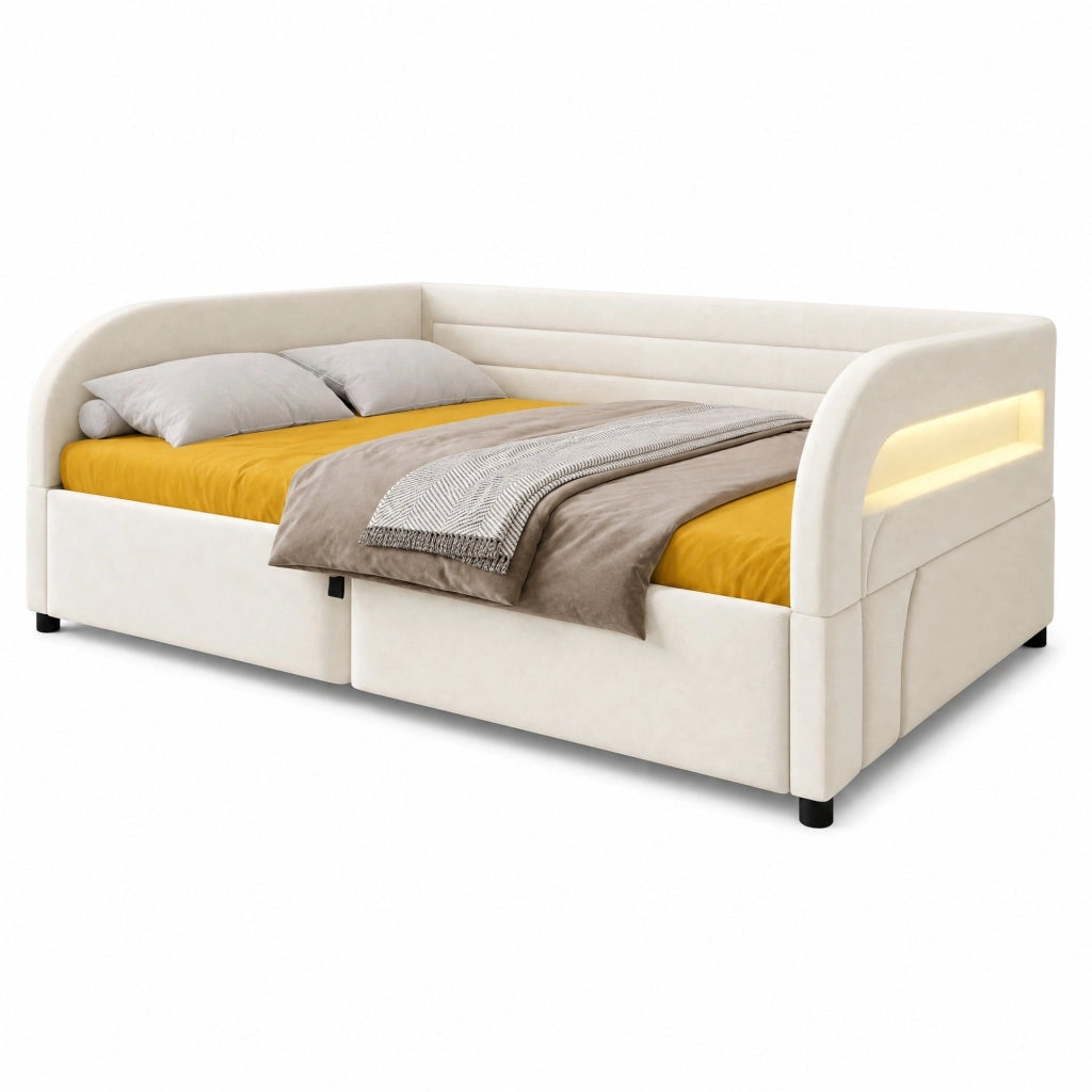 Letto Contenitore 140x200 cm con Rialzo Idraulico e Luce a LED; Beige