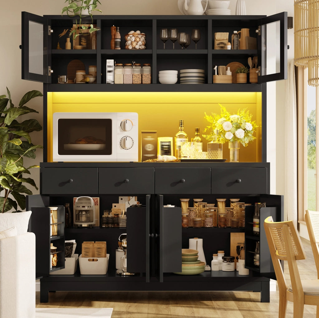 Credenza alta nera con LED RGB, ante in vetro e 4 cassetti