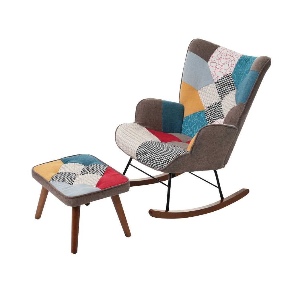Set poltrona a dondolo e poggiapiedi patchwork multicolore con gambe in legno massello