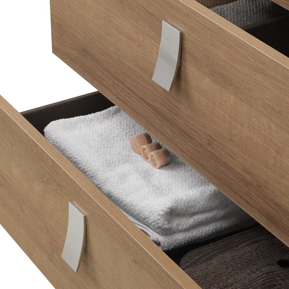 Mobile bagno sospeso 80 cm in rovere chiaro con lavabo e specchio tondo Bravo