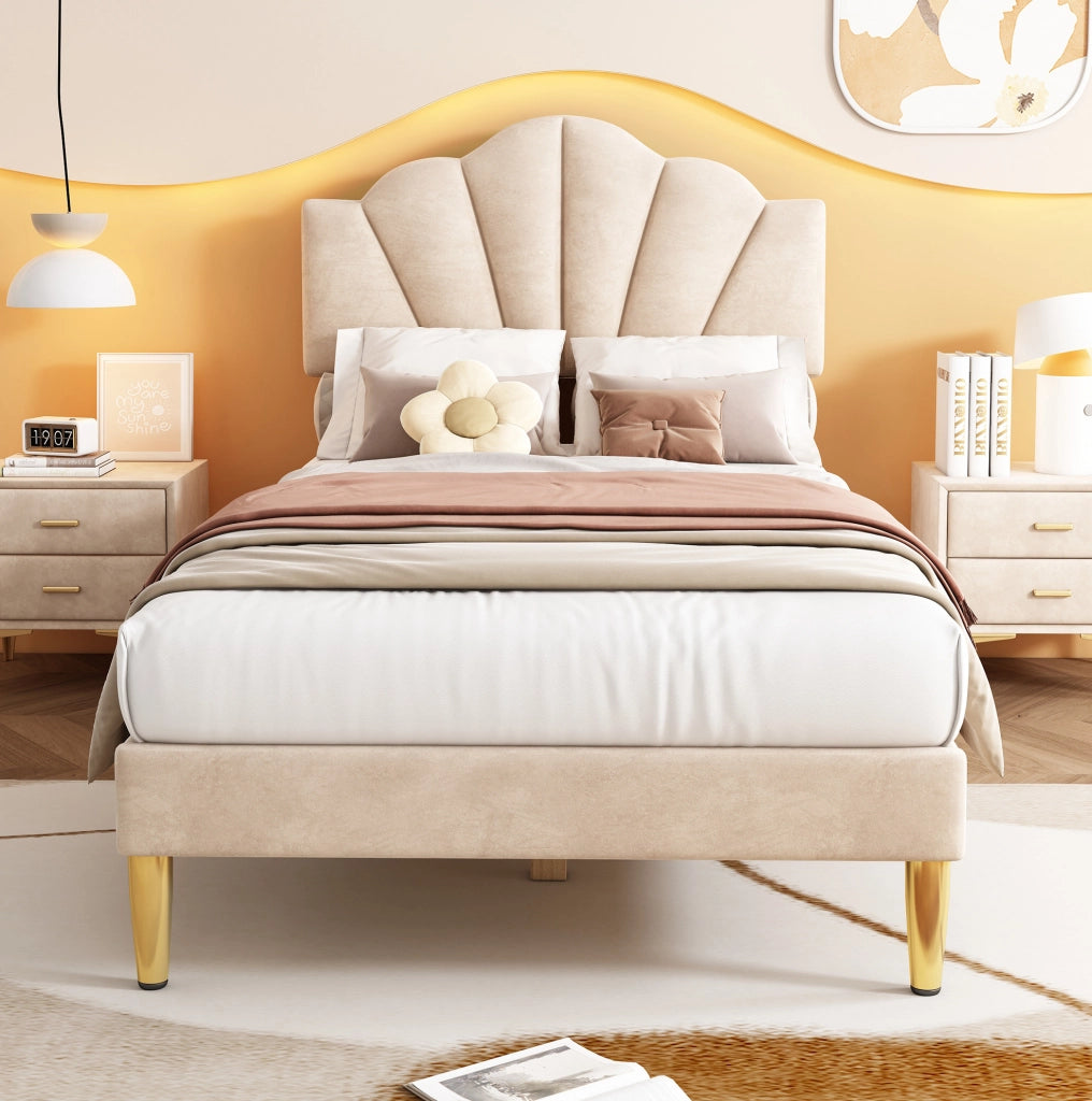 Letto imbottito in velluto beige 90 x 200 cm con testiera regolabile