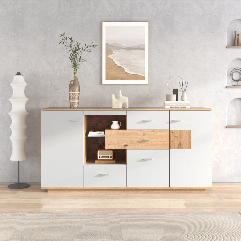 OKWISH Credenza Contenitore con 2 Ante e 4 Cassetti, Ripiani Regolabili e LED, per Soggiorno, MDF, 160 x 40 x 77 cm