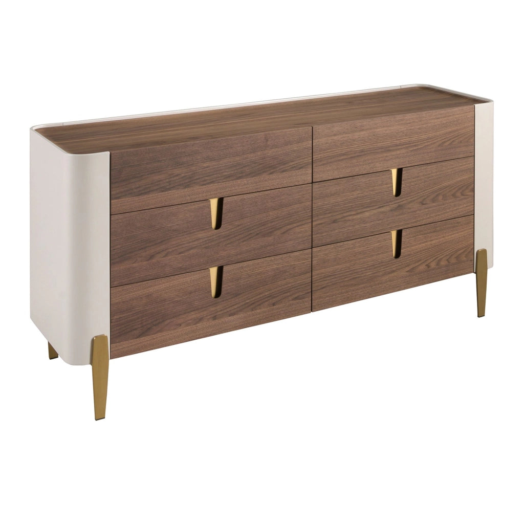 Cassettiera in legno beige, acciaio lucido dorato e piano in noce