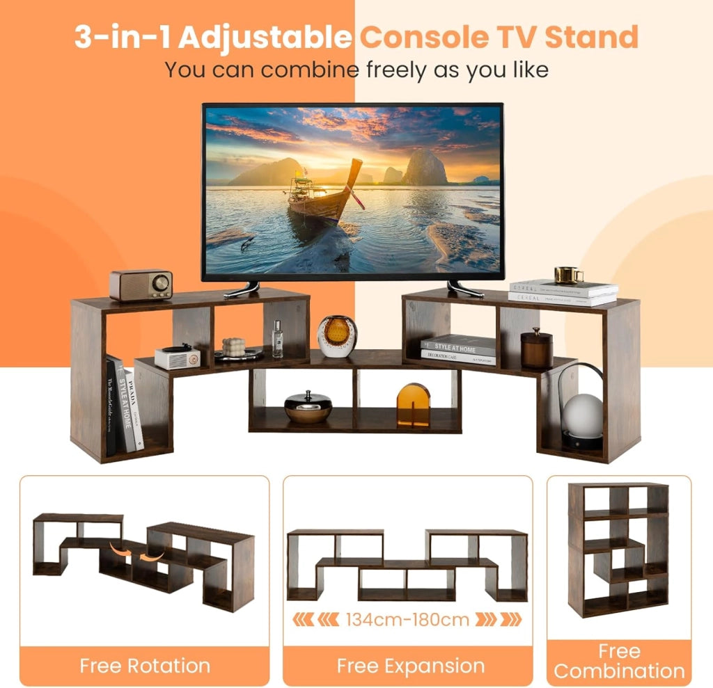 Mobile TV Soggiorno in Legno, Mobile Porta TV Liberamente Combinabile, per TV fino a 65”, Mobiletto TV Multifunzione con 6 Vani Aperti, 134 x 30 x 43 cm (Marrone)