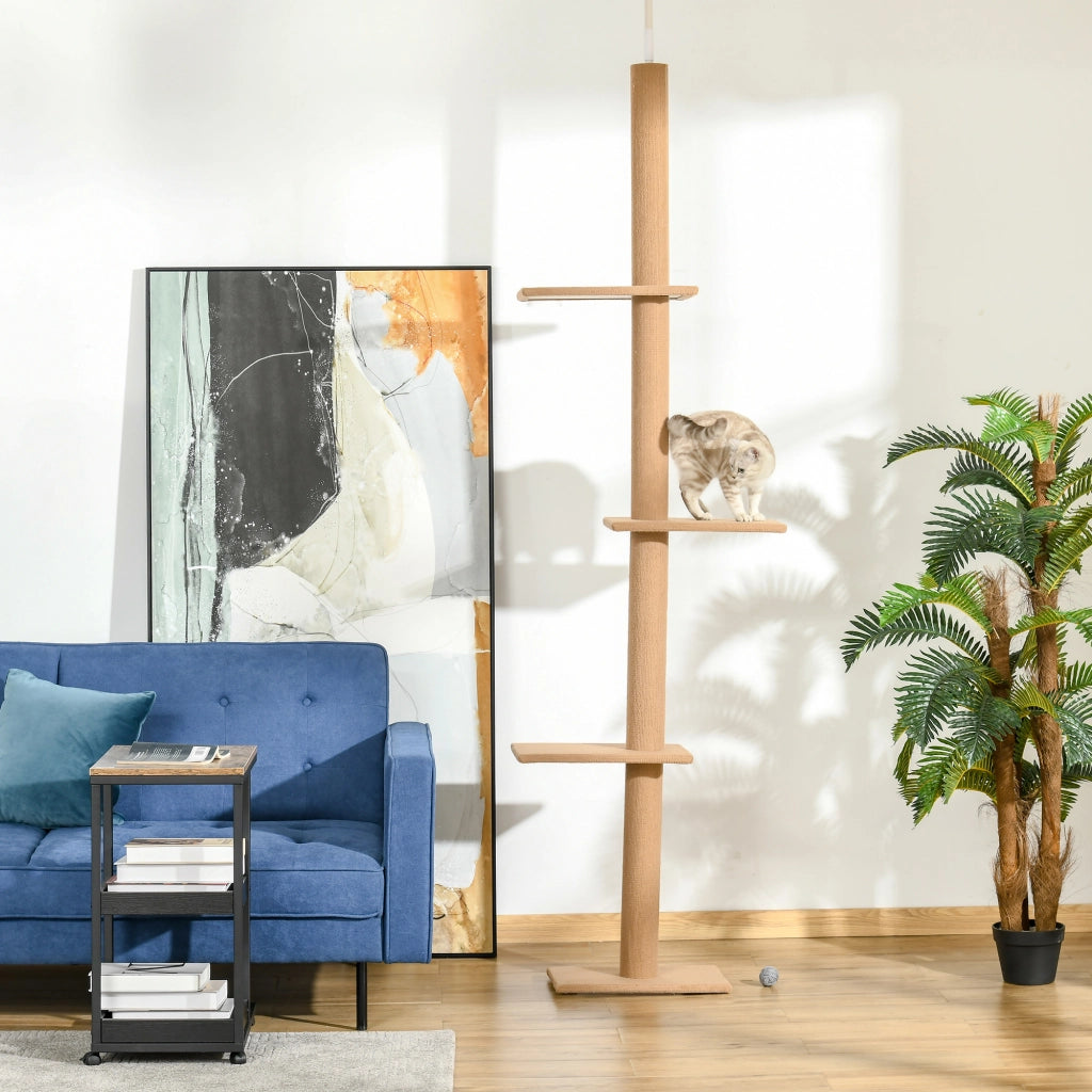 Tiragraffi regolabile in altezza, albero da arrampicata per gatti, albero gioco, marrone chiaro, 43x27x228-260 cm, per gioco attivo e relax