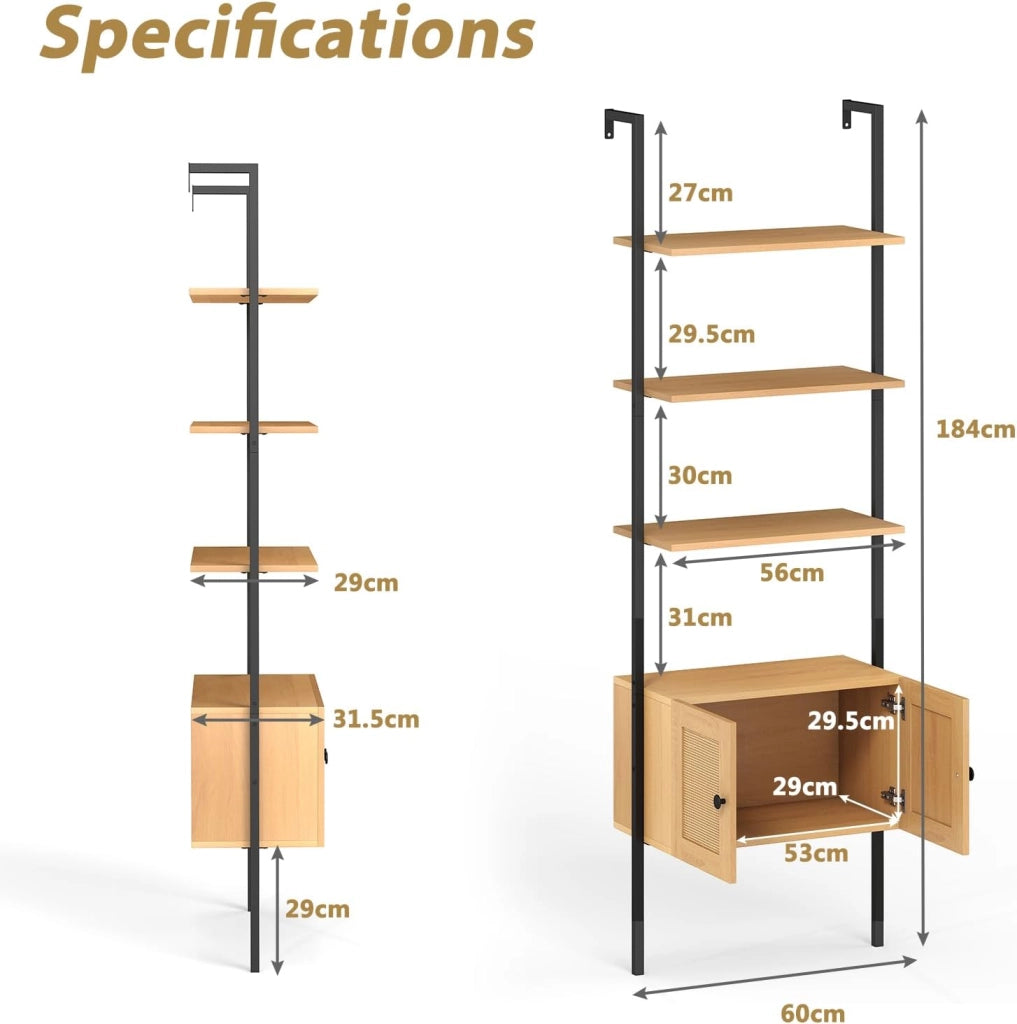 Libreria a 5 livelli con 1 armadio, mensola salvaspazio con struttura in metallo, 60 x 31,5 x 184 cm, scaffale espositivo per piante, soggiorno, ufficio