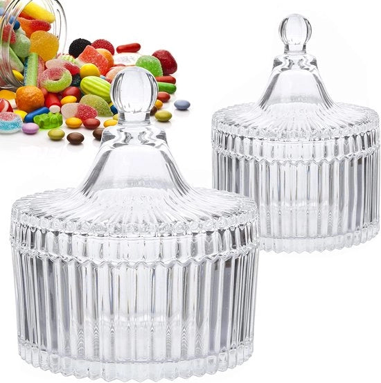 Due vasetti di vetro per dolci con coperchio, vasetti decorativi di vetro, vasetti di vetro per dolci, vasetti di vetro per servire dolci, ideali per regali, Natale, matrimonio, ufficio cucina (100 + 300 ml)