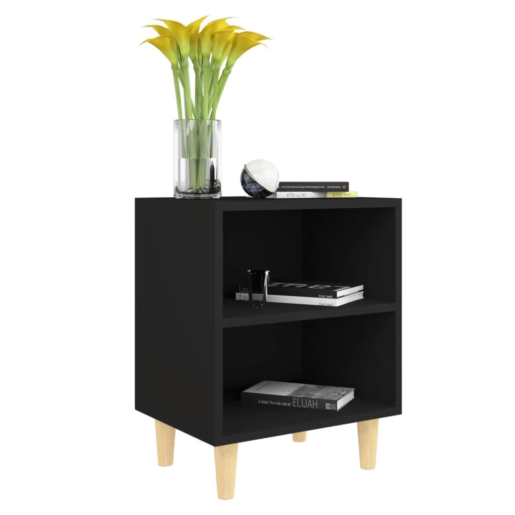 Comodino con Gambe in Legno Massello Nero 40x30x50 cm 805781
