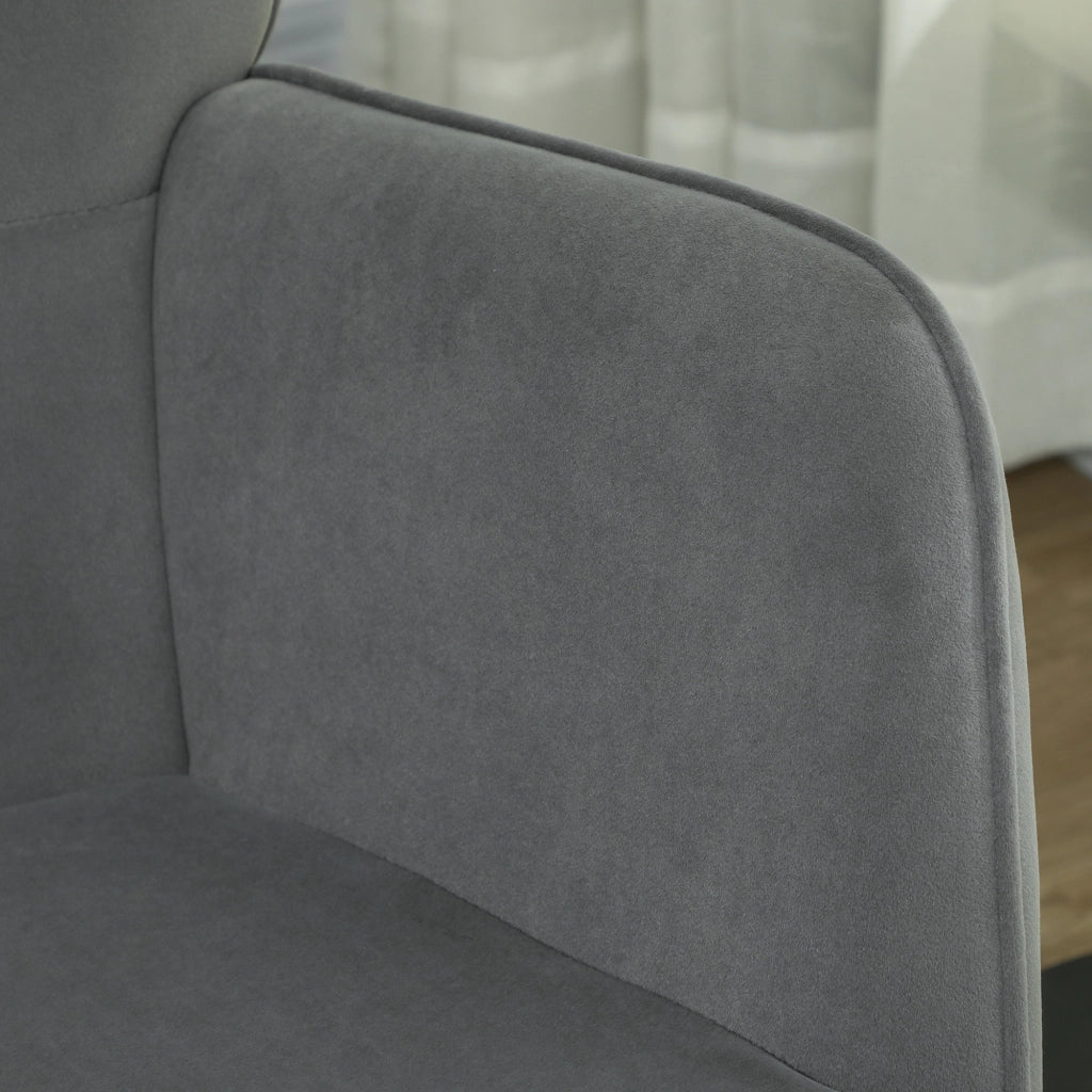 Poltrona a dondolo con rivestimento effetto velluto, braccioli, base in legno, Grigio scuro