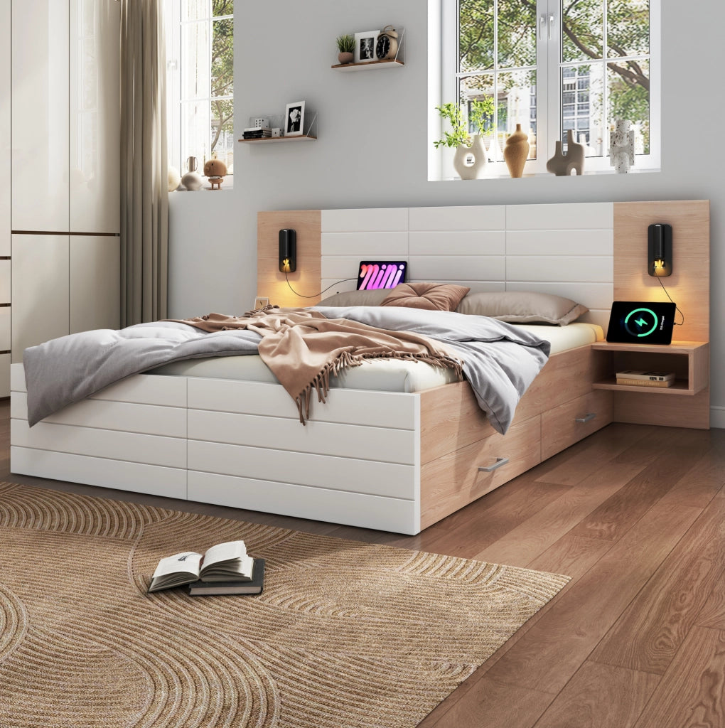 Letto matrimoniale 140x200 cm bianco e rovere con cassetti, luci LED USB e comodini