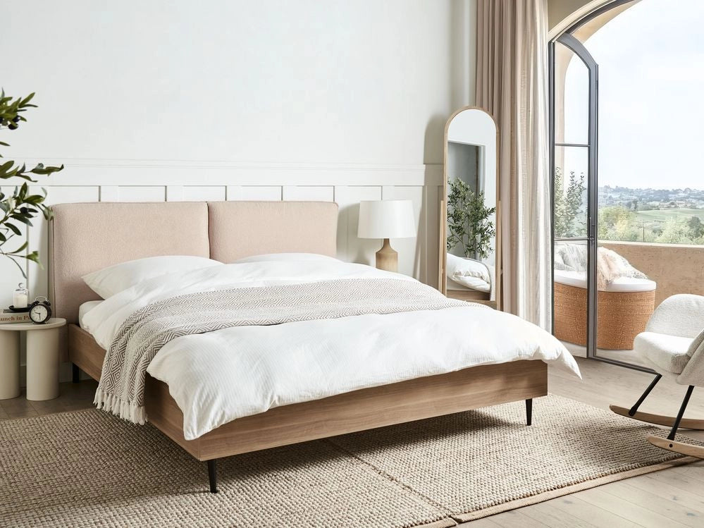 Letto matrimoniale con rete in tessuto bouclè beige 160 x 200 cm stile moderno camera da letto