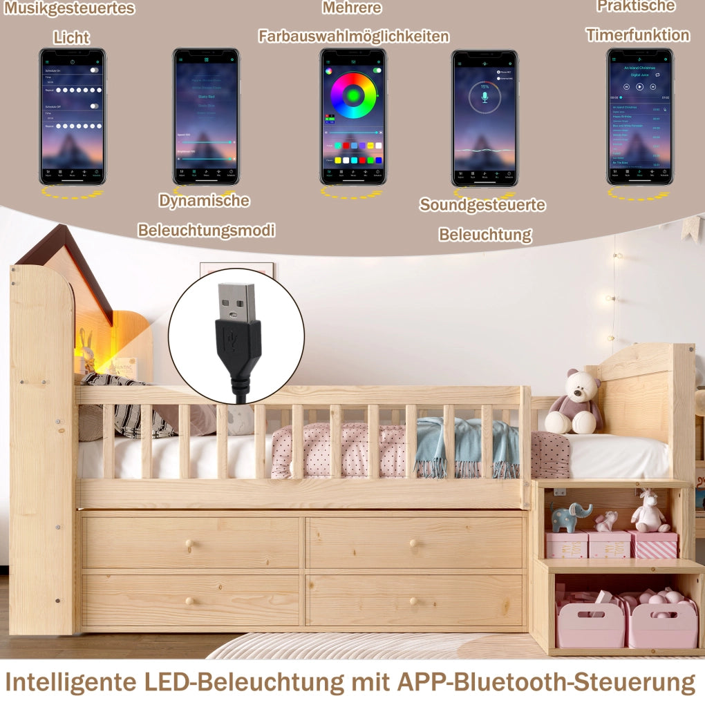 Letto semialto per bambini in forma di casa con LED e cassetti
