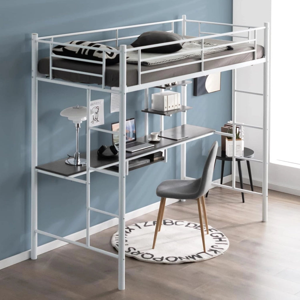 Letto a soppalco con scrivania, 200 x 95 x 180,5 cm, letto a castello con 2 scale e griglia di protezione per bambini, telaio per letto in metallo da 150 kg (bianco)