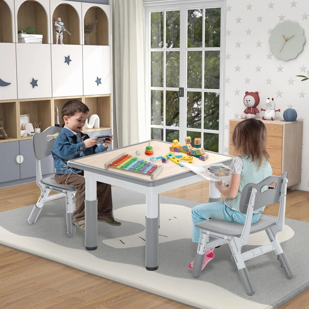 Tavolo per bambini con 2 sedie per bambini, regolabile in altezza, 3 pezzi, in plastica, per cameretta dei bambini, 60 x 60 cm