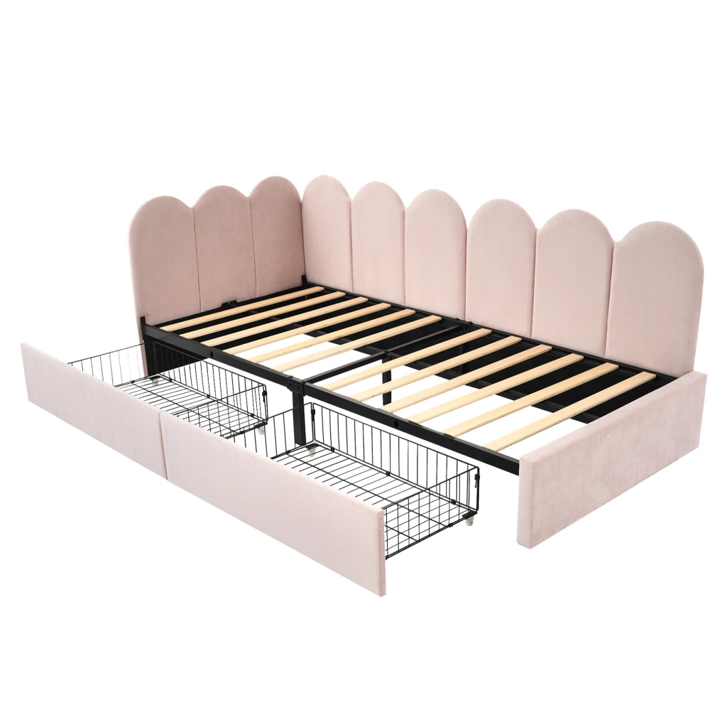 Letto singolo 90x200 cm con 2 cassetti; velluto rosa