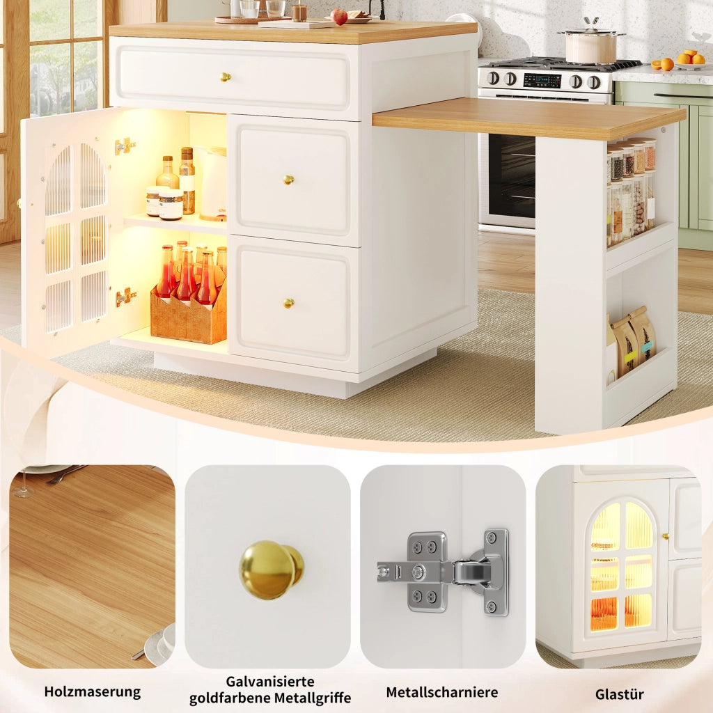 ISOLA CUCINA ESTENSIBILE 122,5-195,5x59x93,5 cm MDF BIANCO con LED RGB
