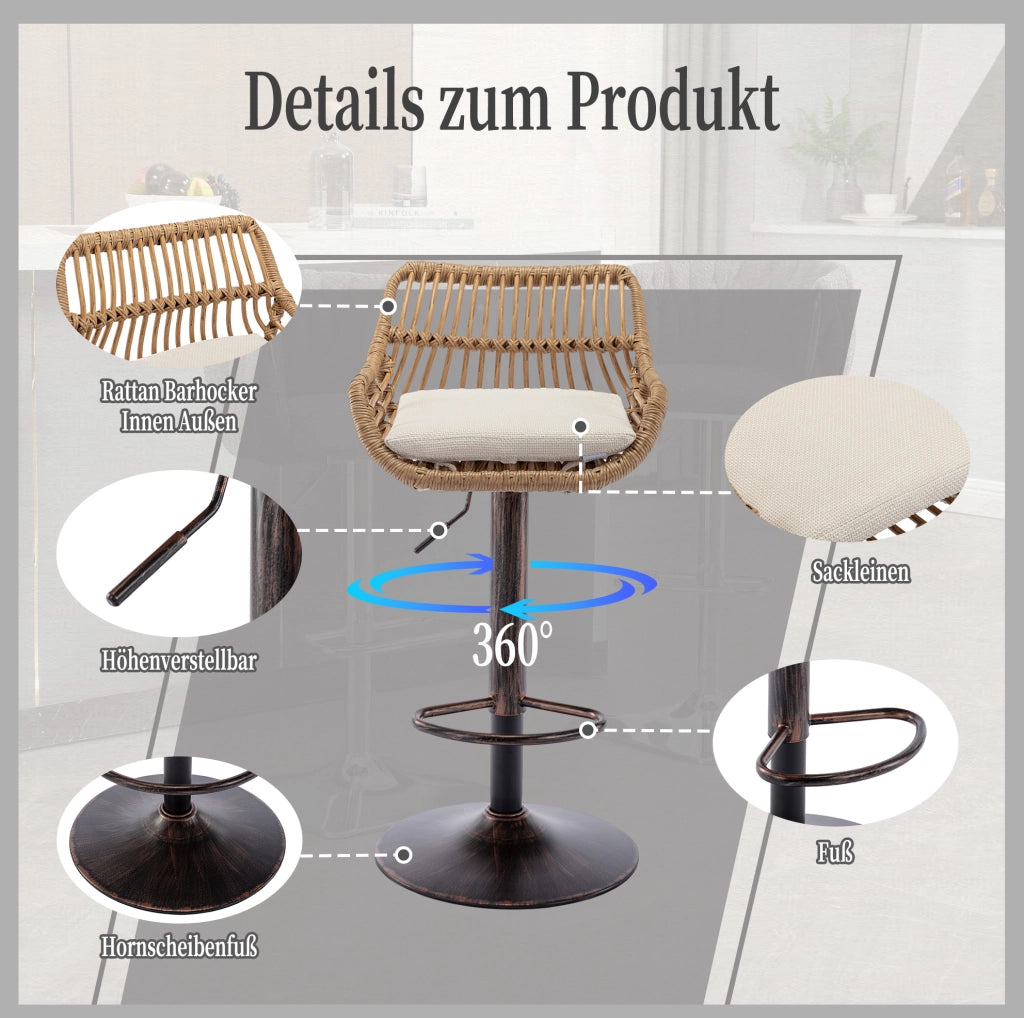 Set di 2 sgabelli da bar girevoli 360° regolabili in altezza; beige; con struttura in metallo e lino