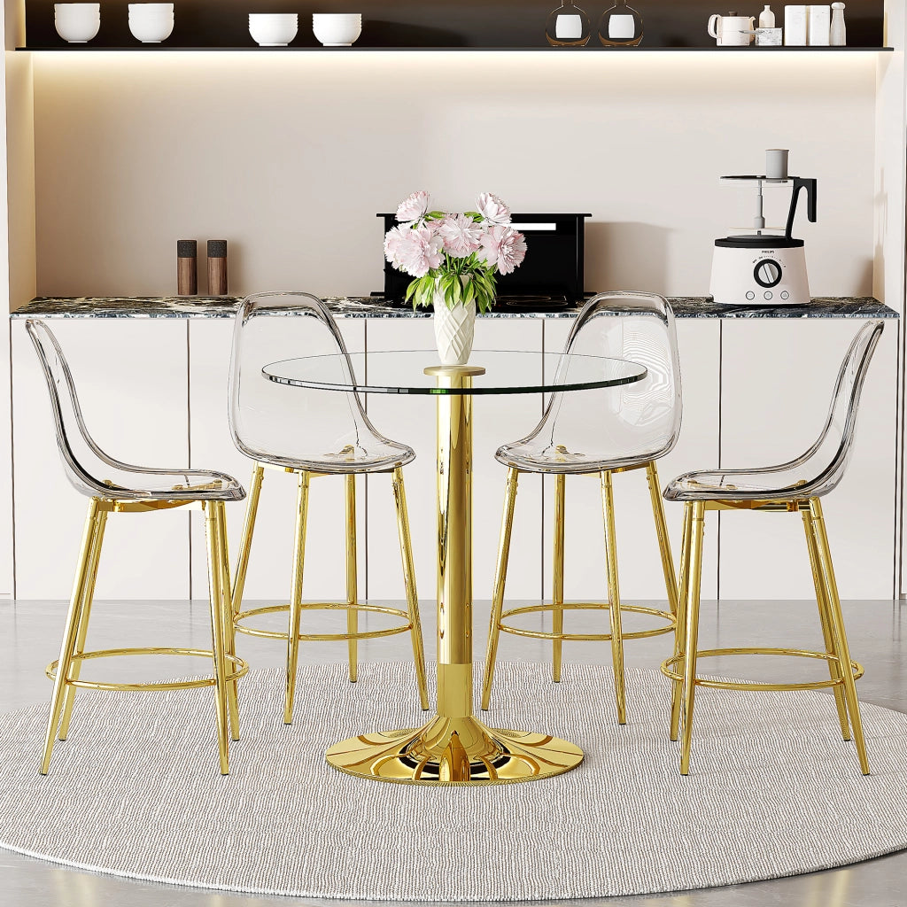 Set tavolo cucina e sedie con 1 tavolo alto e 4 sgabelli in vetro; metallo e plastica oro trasparente