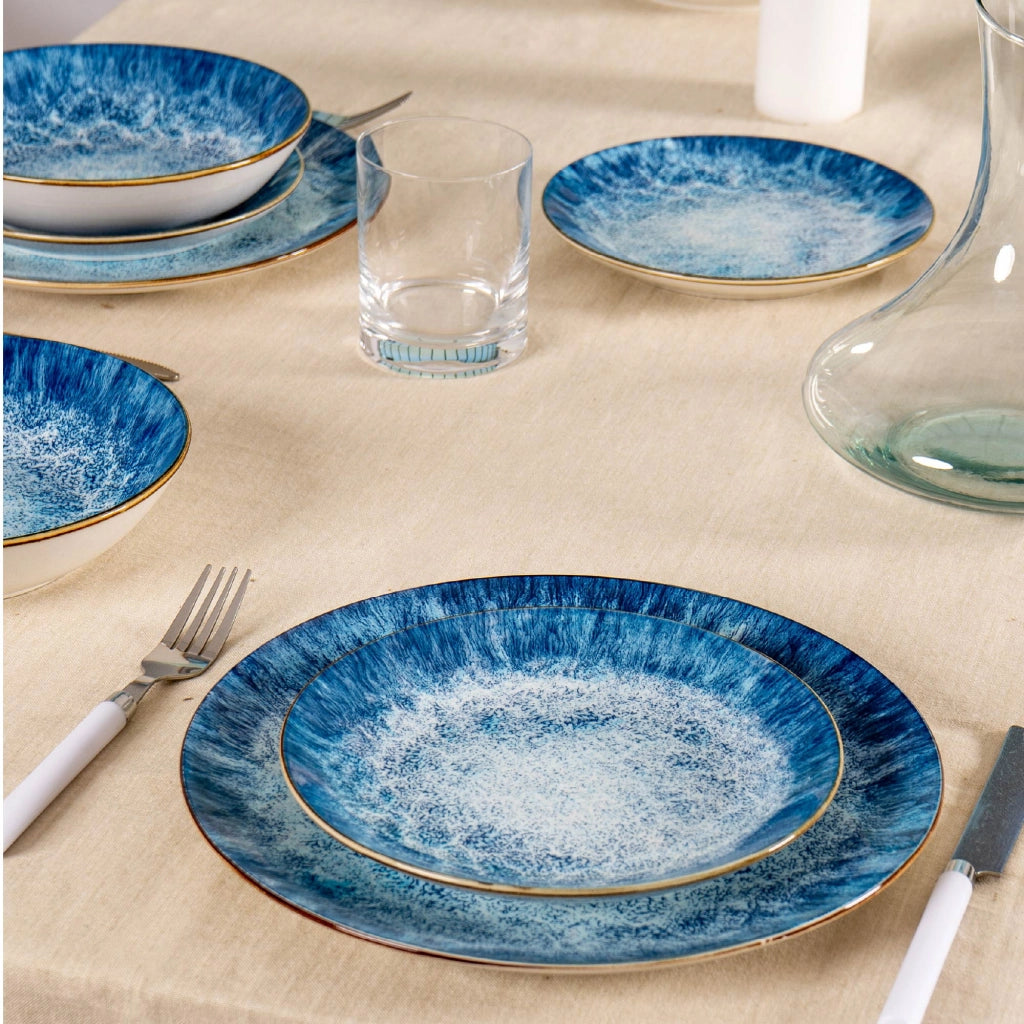 Set Piatti 18 Pezzi in Porcellana per 6 Persone Servizio Tavola Moderno Blu