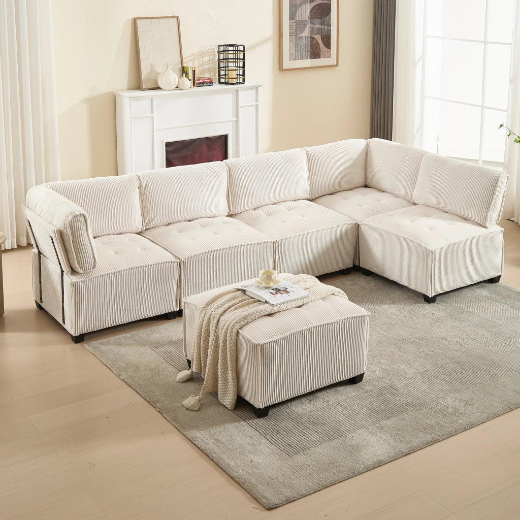 Divano Modulare 6 Posti con Tasche Laterali; Schienale Ergonomico; Velluto a Coste Beige; 308 × 154 × 81;99 cm