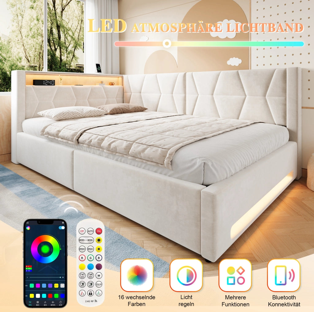 Letto imbottito 140x200 cm beige con contenitore, LED e USB