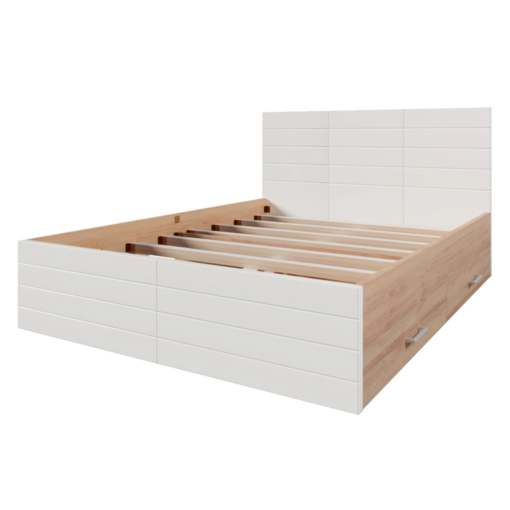 Letto matrimoniale 160x200 cm con 2 cassetti; in legno massello e MDF; bianco e rovere chiaro