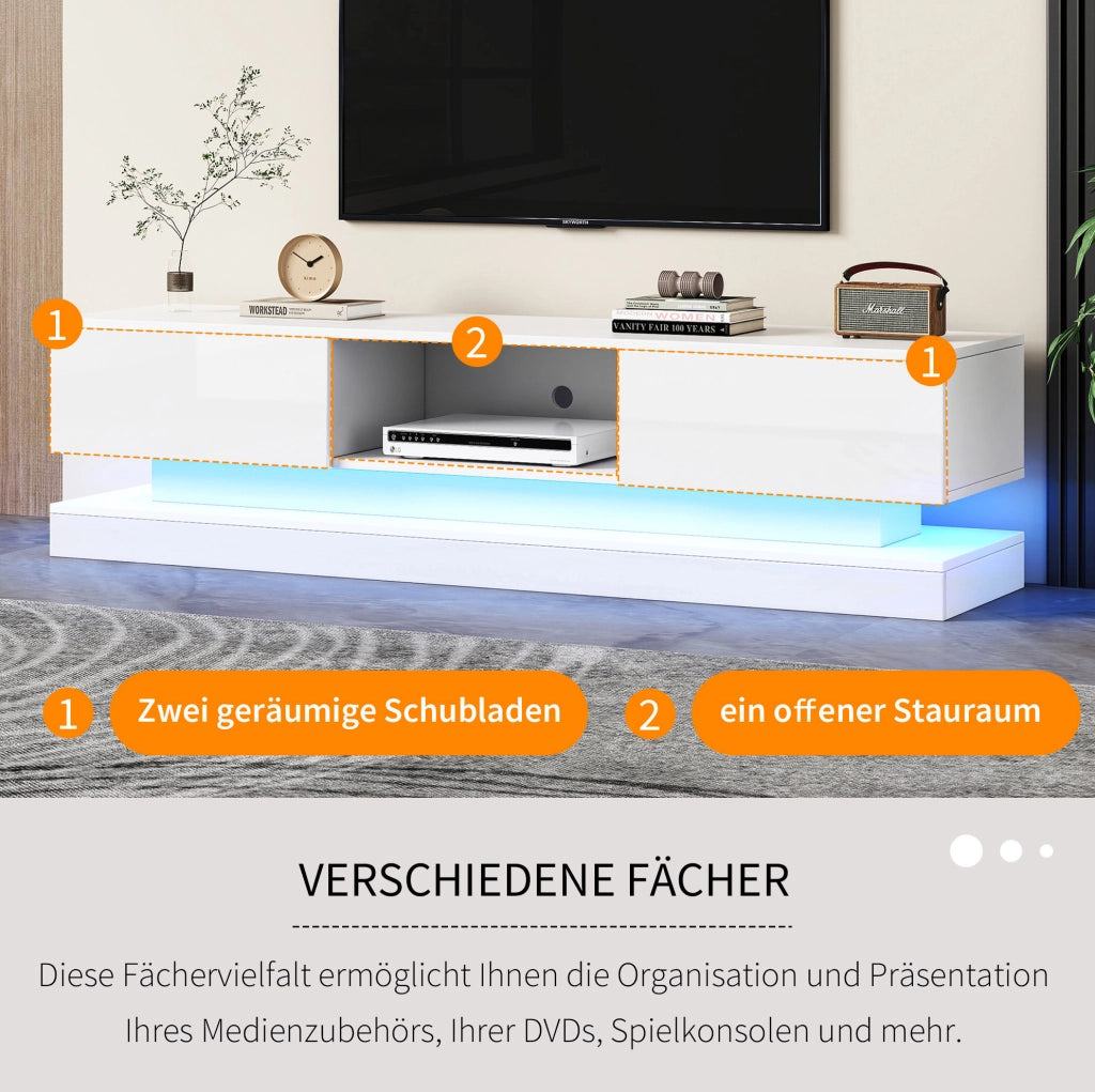Mobile TV laccato bianco lucido con LED e cassetti