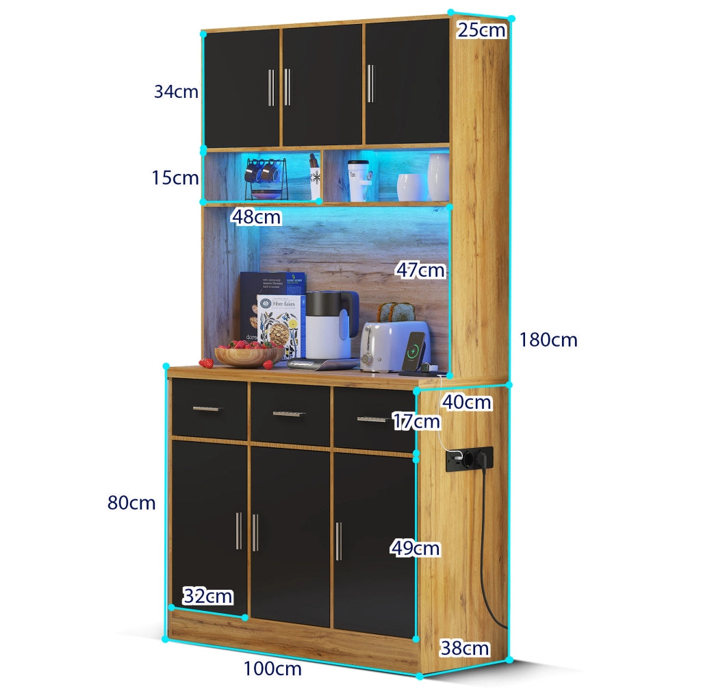 Credenza cucina 100x40x180 cm con LED, prese USB e cassetti