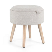 Sgabello contenitore rotondo bouclé bianco con vassoio in legno - BRIAR