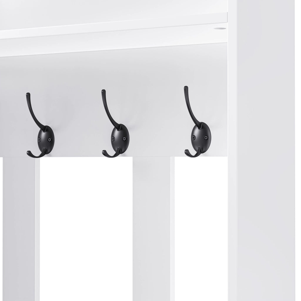 OKWISH Mobile da Ingresso con 1 Anta, 2 Cassetti, Vani Aperti, 4 Ganci e Panchina, per Ingresso, MDF, Bianco, 100×35×180 cm