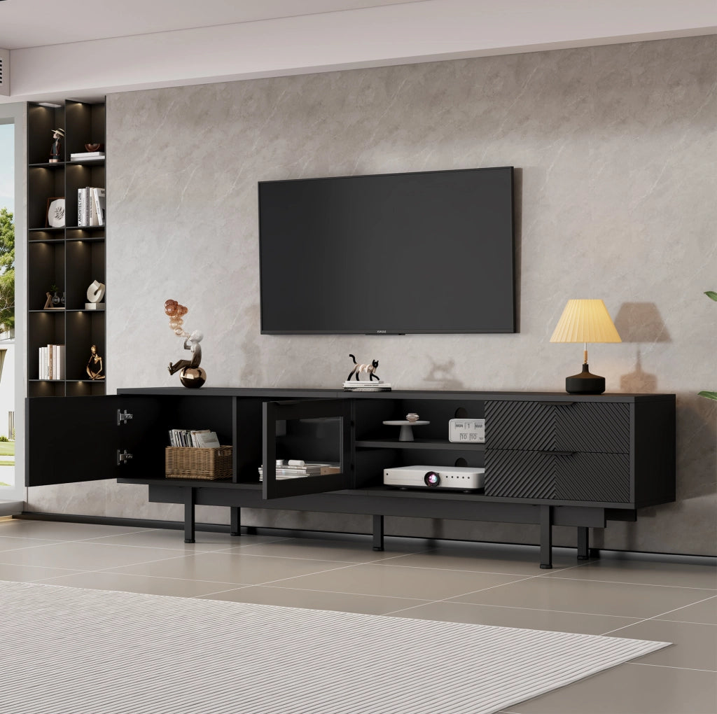 Mobile TV 200x40x50.5 cm con 2 porte e 2 cassetti; 3 livelli e 45 kg; truciolare e vetro temperato nero