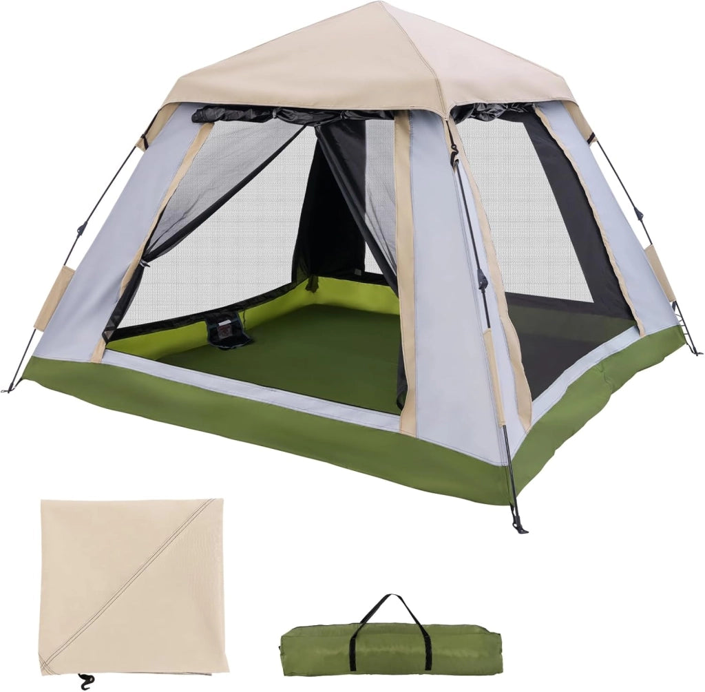 Tenda Campeggio Pop Up per 2-4 Persone, Tenda Istantanea Impermeabile con 2 Porte, Tetto Parasole Rimovibile e Finestre in Rete, Borsa da Trasporto, per Escursioni, Campeggio e Spiaggia