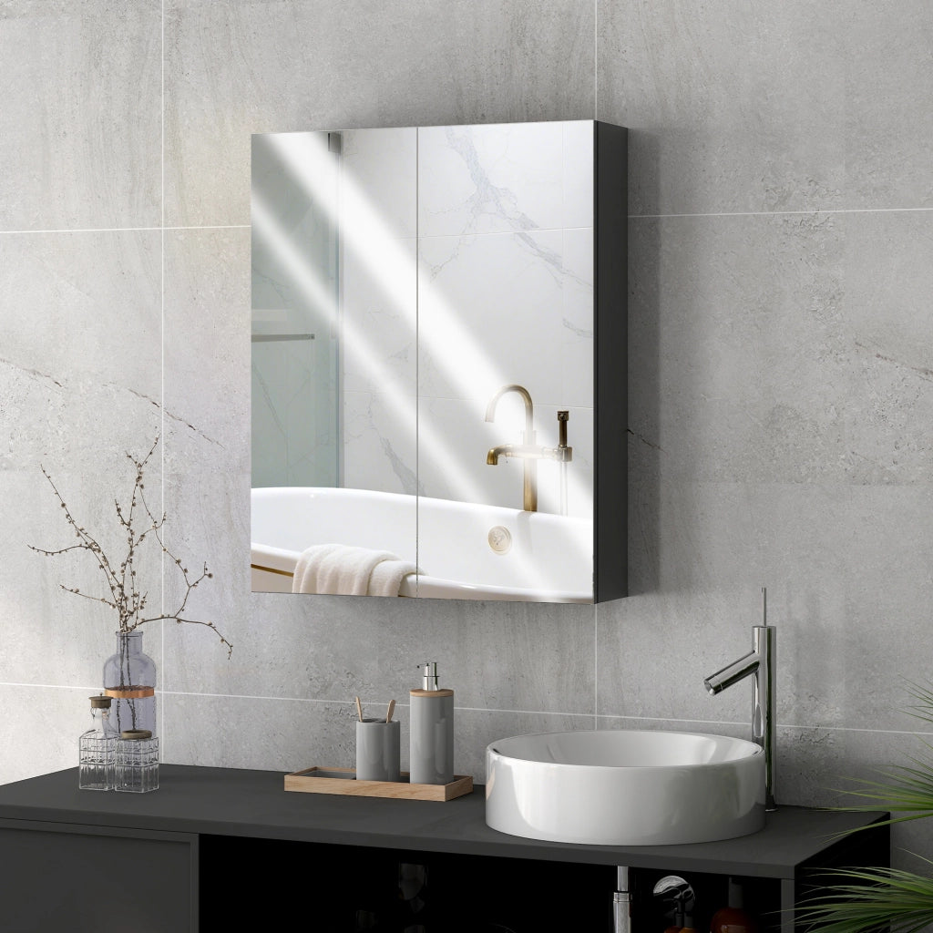 Armadietto Pensile Bagno con Specchio e Ripiani ¨C zephmum ¨C 60x15x75 cm, Nero, MDF