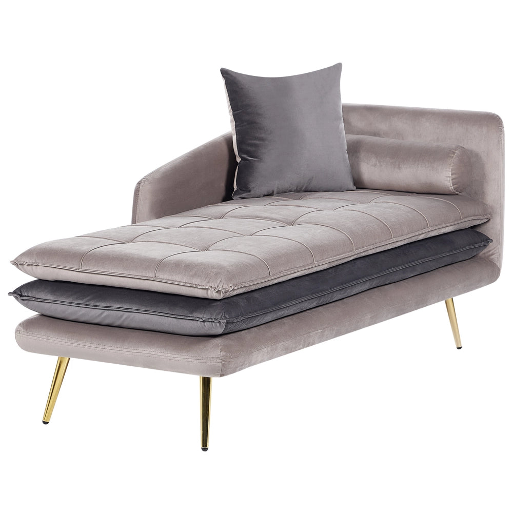 Chaise longue Beige e Grigio Velluto Mano Destra Tufted Abbottonato Spessamente Imbottito con Cuscini Mano Sinistra Mobili Soggiorno