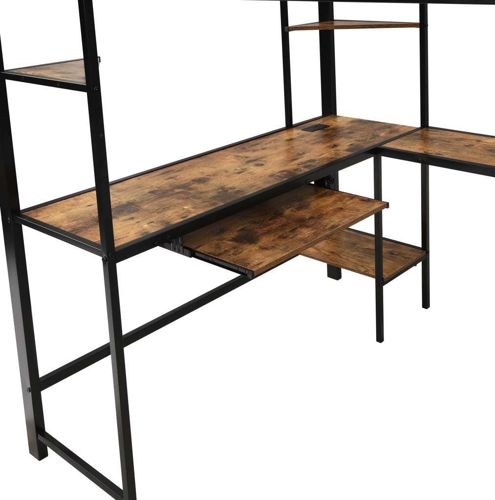 Letto a soppalco 120x200 cm con presa di ricarica; scala ad angolo e scrivania in ferro e MDF nero e noce scuro