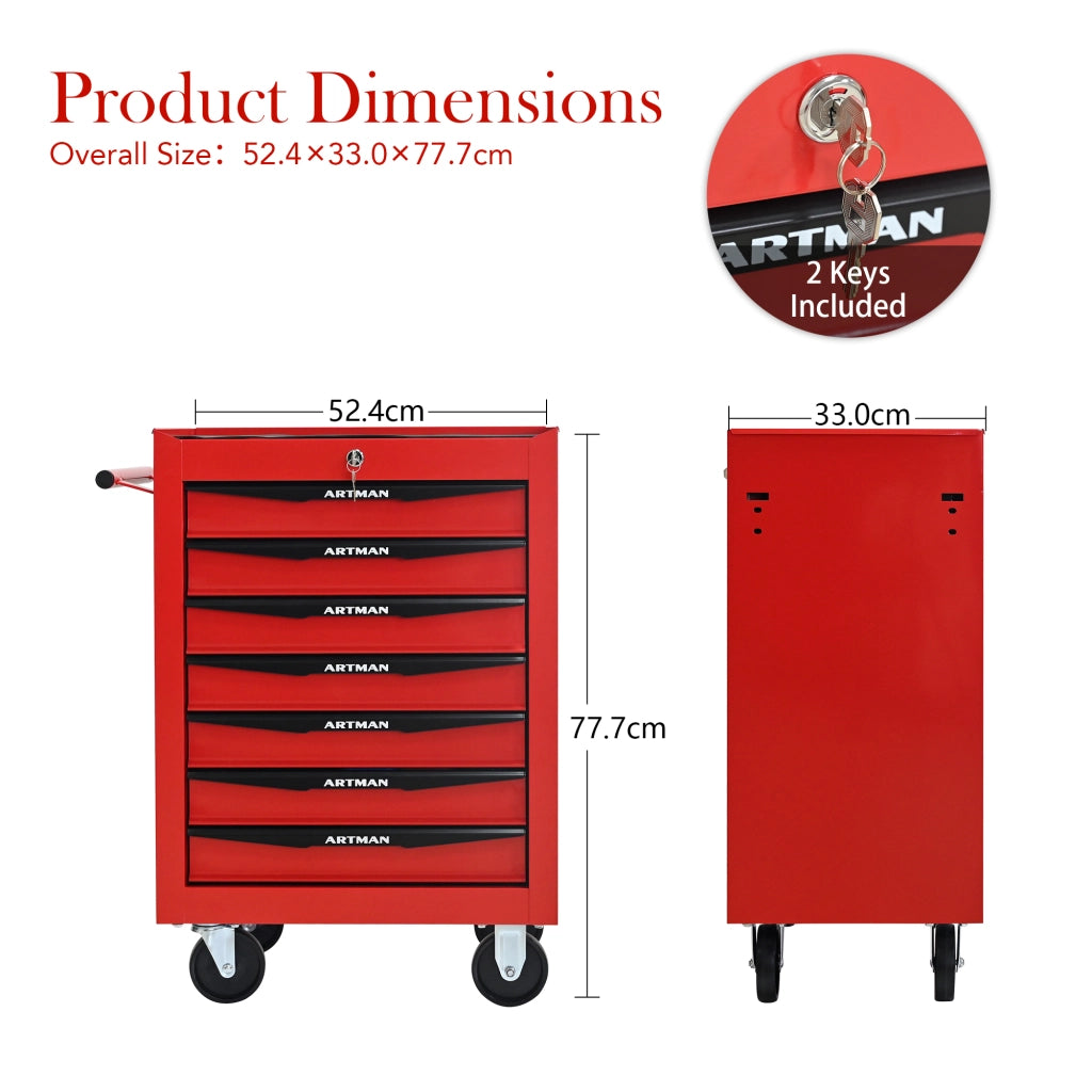 Mobile contenitore con 6 cassetti e ruote, chiudibile, in acciaio, per garage e officina, rosso e nero, 60 × 33 × 77,5 cm