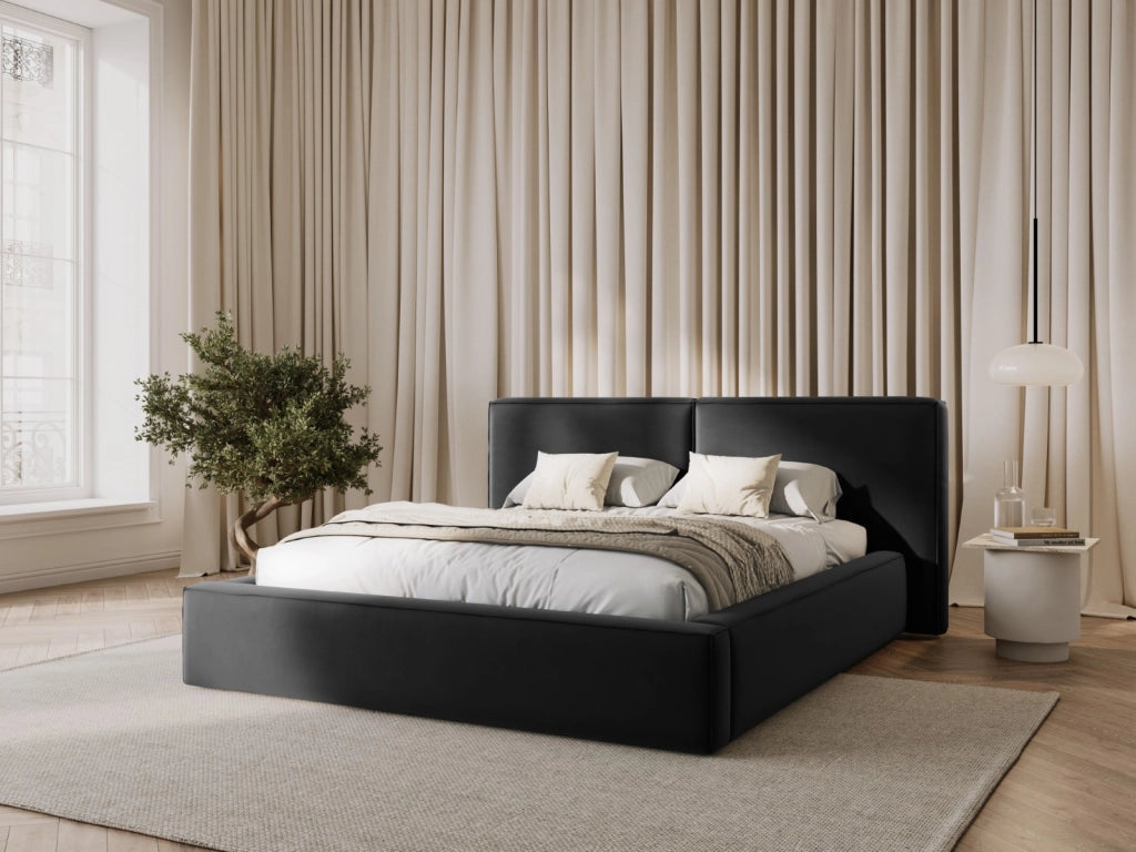 Cosmopolitan Design - Letto a cassettone con testiera doppia "Arendal" 200x200cm in velluto grigio 