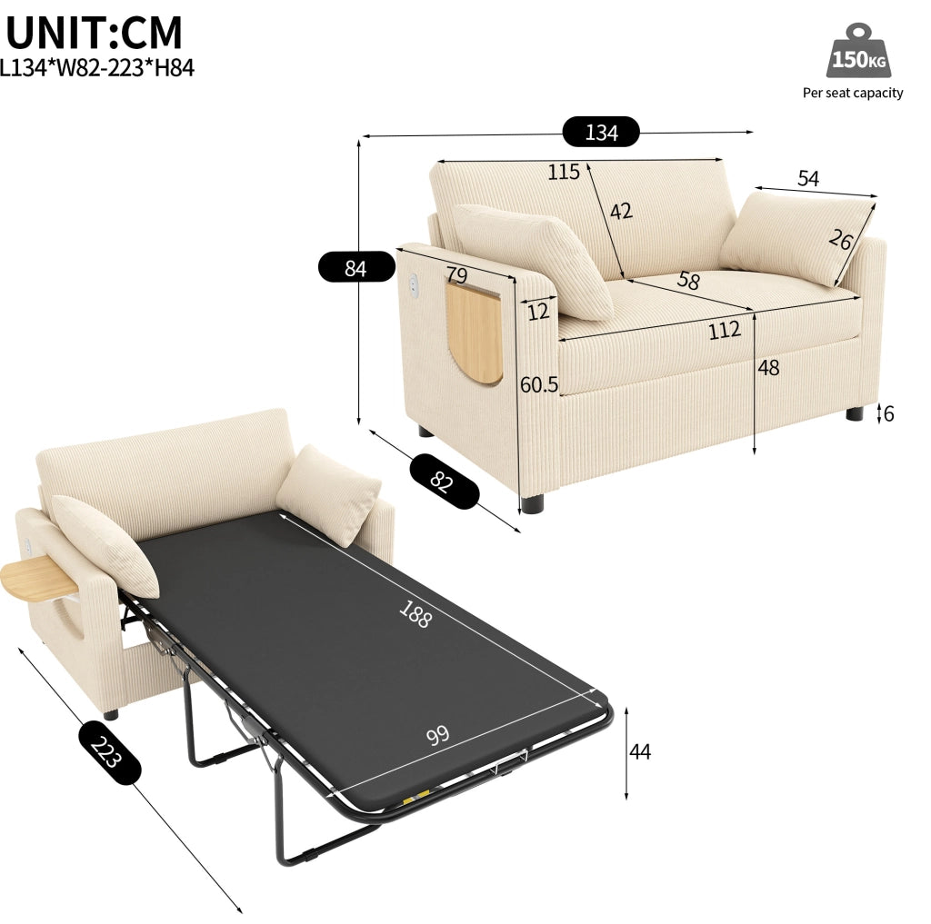 Divano letto 2 posti estraibile in corduroy beige con USB; USB-C e tavolino pieghevole
