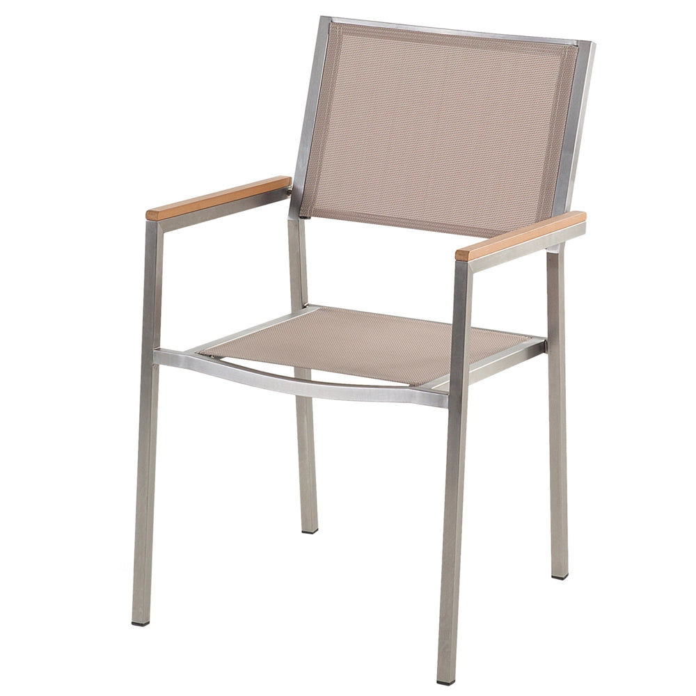 Set da pranzo da giardino con 6 posti in acciaio inox e vetro con sedie in tessuto bianco e beige esterno set moderno