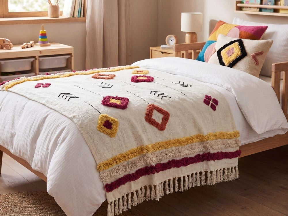 Coperta in cotone multicolore 130 x 180 cm copriletto in ricamo fatto a mano accogliente motivo geometrico con nappe