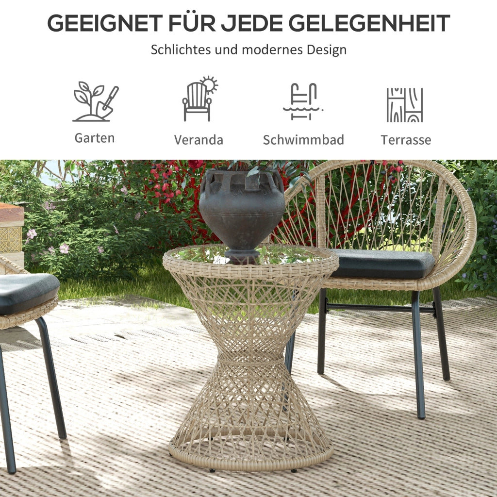 Tavolino da caffè Design Boho; piano in vetro; rattan PE; 45 cm x 45 cm x 52 cm; naturale