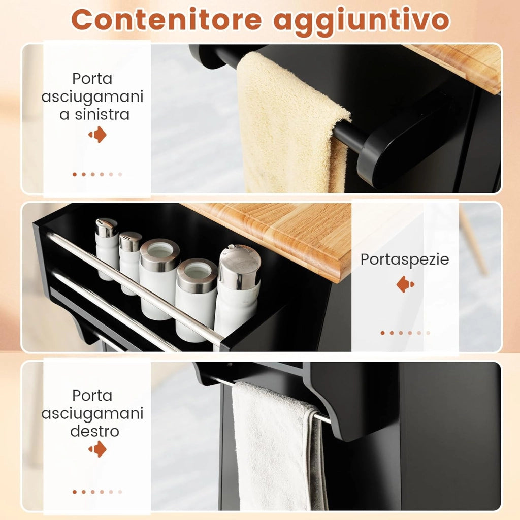 Carrello da Cucina Con Rotelle Nascoste, Isola in Legno Con 3 Cassetti e 2 Armadietti, Credenza Con Barra Laterale per Asciugamani e Portaspezie, 127x46x91,5cm (Nero)