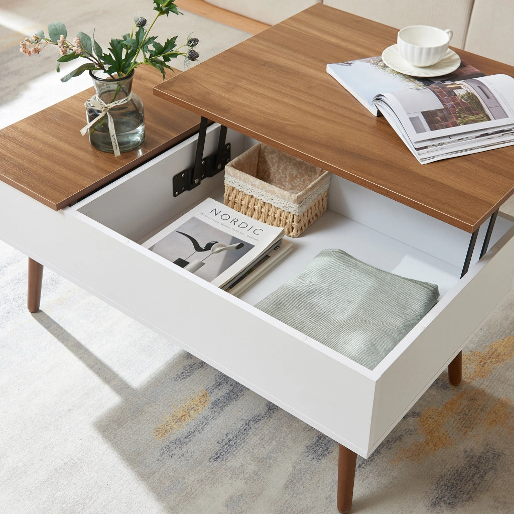 Tavolino da Salotto Flesen con Piano Sollevabile e Scomparti 92 x 52 x 41 cm - Bianco/Effetto Noce [en.casa]